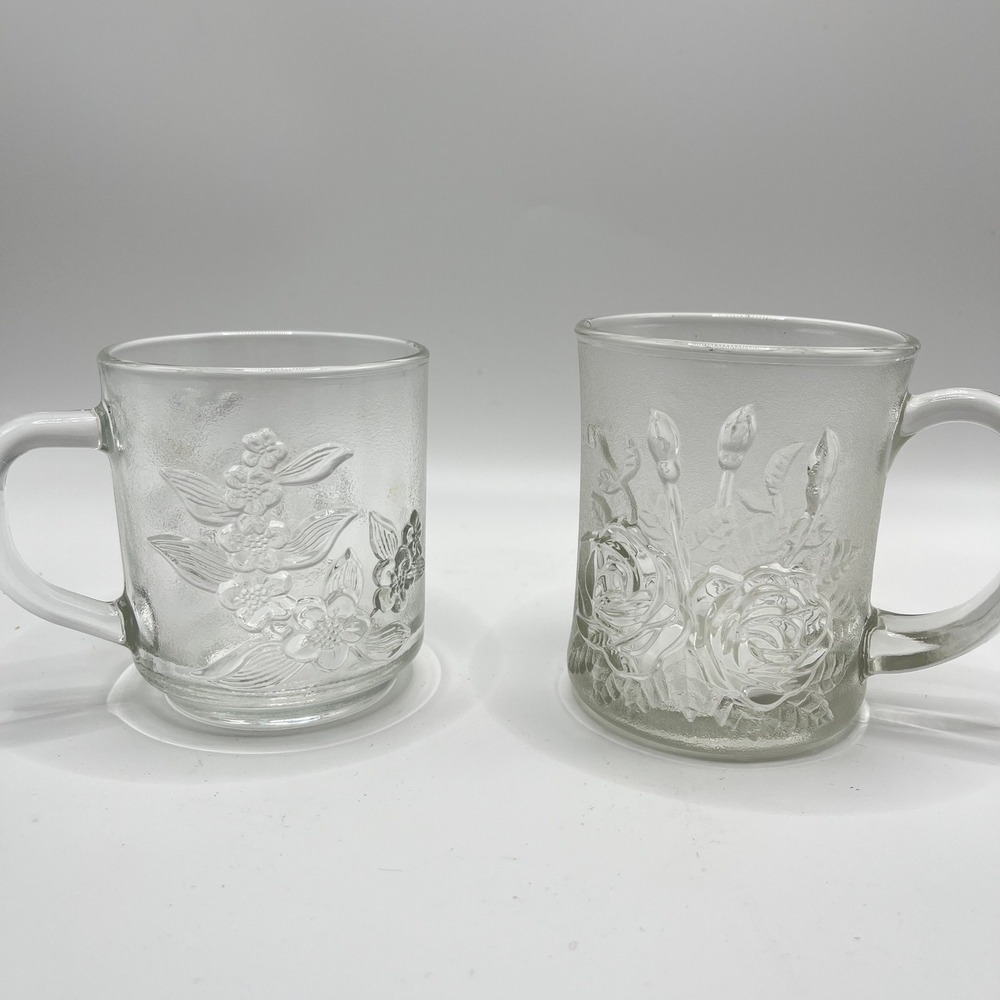 Vintage KIG Indonesia Dogwood & Livia Pasari Frosted Rose Glass Mugs Set of 2